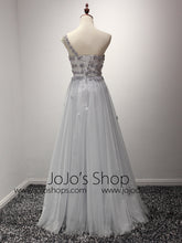 Gray One Shoulder Grecian Prom Formal Dress with Daisy Flower